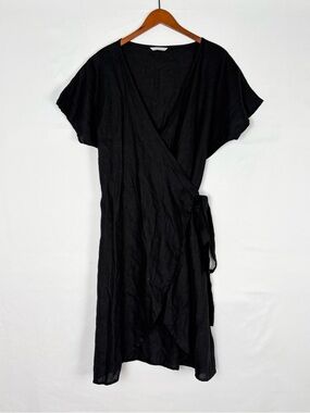 Linen Fox Mimosa Linen Midi Dress Size L-XL Black Short Sleeve Wrap